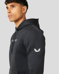 Profile view of a black Active Flex hoodie with hood up and white wing emblem on the sleeve.