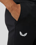 Close-up of pocket area on black Ore Capsule jogging pants with a hand in the pocket and a white wing logo near the ankle.
