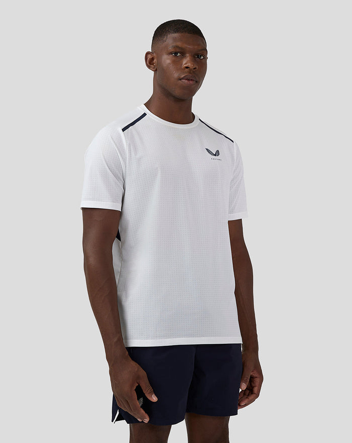 White Apex Aeromesh T Shirt for men with navy shoulder piping and a small chest logo.