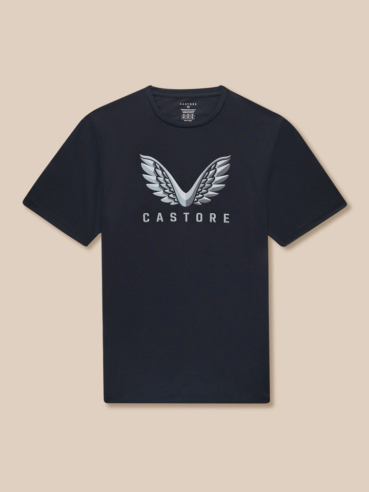 Dark navy graphic training T shirt with a large wing logo on the chest