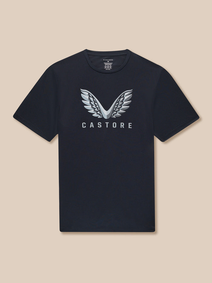 Dark navy graphic training T shirt with a large wing logo on the chest
