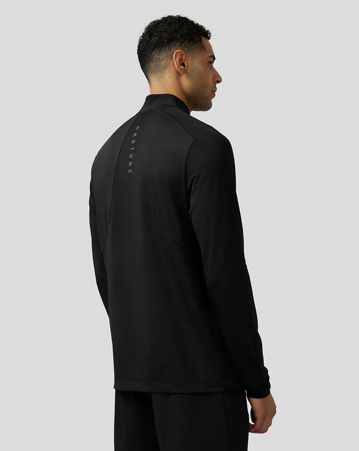 Achterkant van zwarte Apex Aeromesh Top voor heren met reflecterende Castore branding langs de rug en schouderdetails