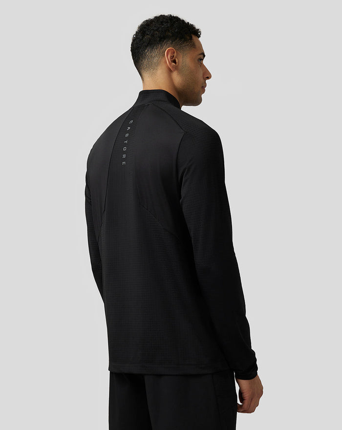 Achterkant van zwarte Apex Aeromesh Top voor heren met reflecterende Castore branding langs de rug en schouderdetails