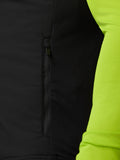 Close up of side zip pocket on black Apex training gilet with neon lime sleeve