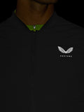 Close up of black Apex Training Gilet with front zip and reflective Castore logo on the left chest