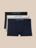 Drie boxershorts in zwart grijs en marineblauw met CASTORE logo op de tailleband