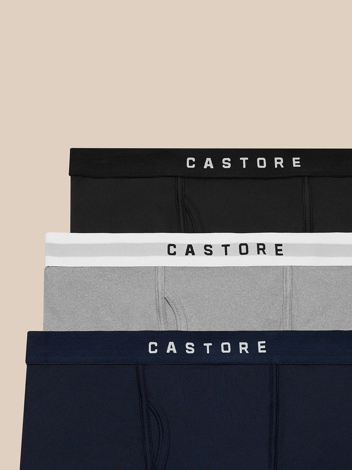 Drie boxershorts met CASTORE logo op de tailleband in zwart grijs en marineblauw