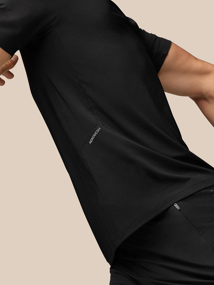 Close-up of black Apex Training T-Shirt showing underarm mesh panels and the Aeromesh label