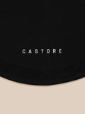 Close-up of black fabric with CASTORE branding and stitched curved hem