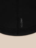 Close up of black neck warmer fabric with vertical PROTEK branding along the seam