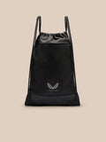 Front view of black drawstring gym bag with two cords and Castore logo at bottom center