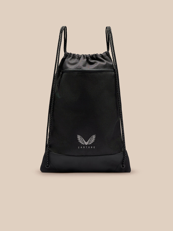 Front view of black drawstring gym bag with two cords and Castore logo at bottom center