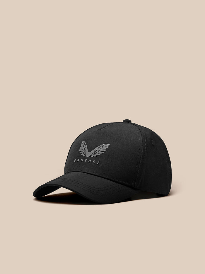 Castore Active Logo Cap in black with a silver wing logo on the front