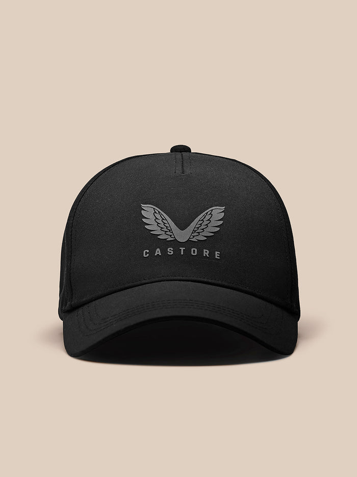 Front view of black Castore cap featuring a wing emblem and CASTORE lettering