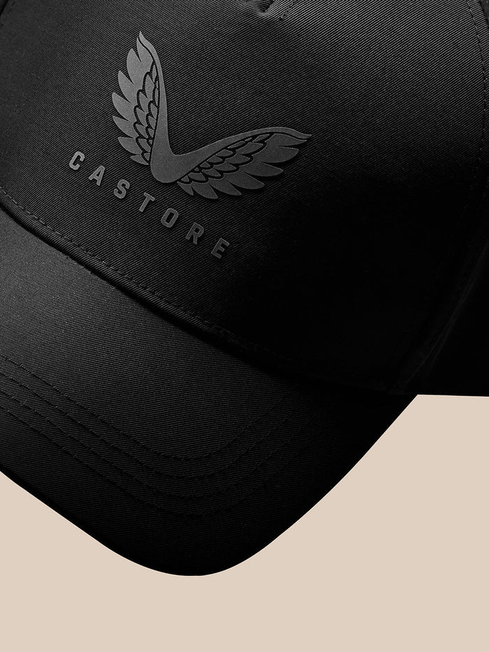Front view of black Castore Active cap with embossed wing logo and Castore lettering