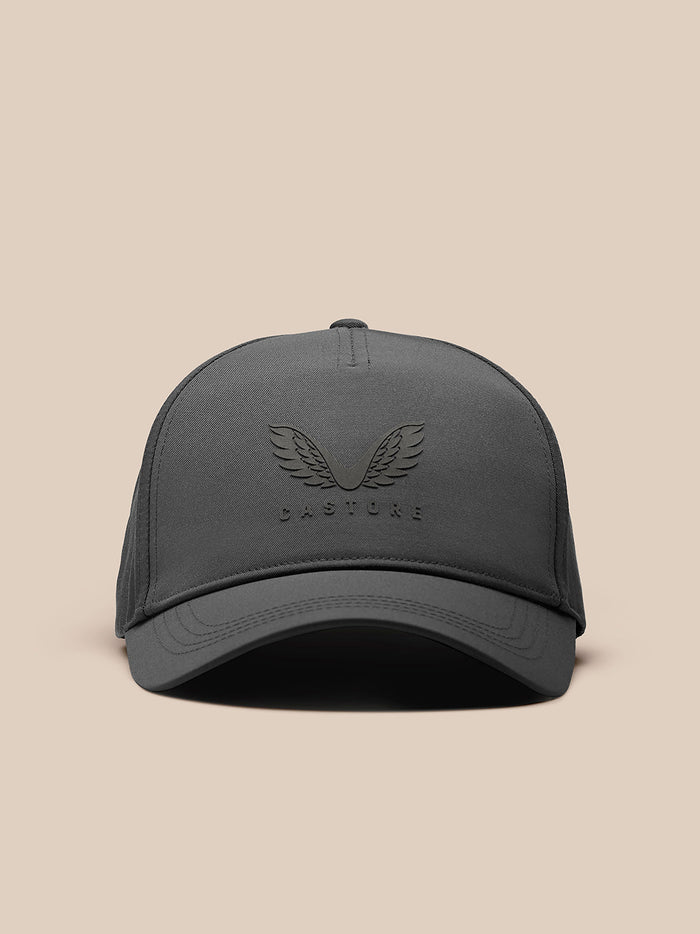 Center-front view of a gray Castore Active Logo Cap with the embossed logo on the crown.