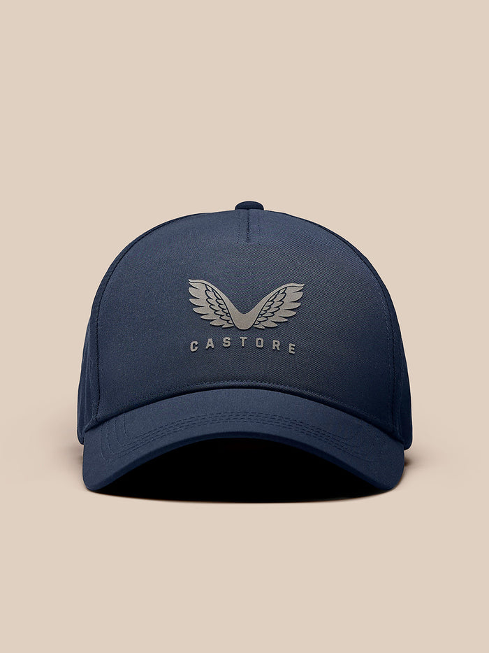 Front view of navy Core Cap with winged Castore logo on the front panel
