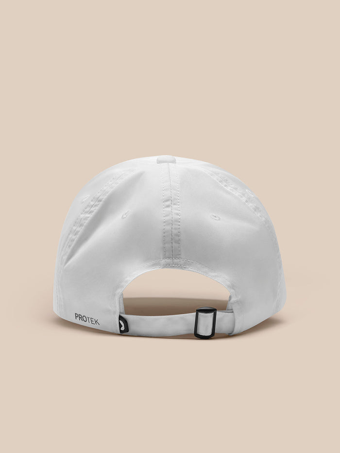 Back view of a white adjustable cap with strap and buckle and ProTEK branding