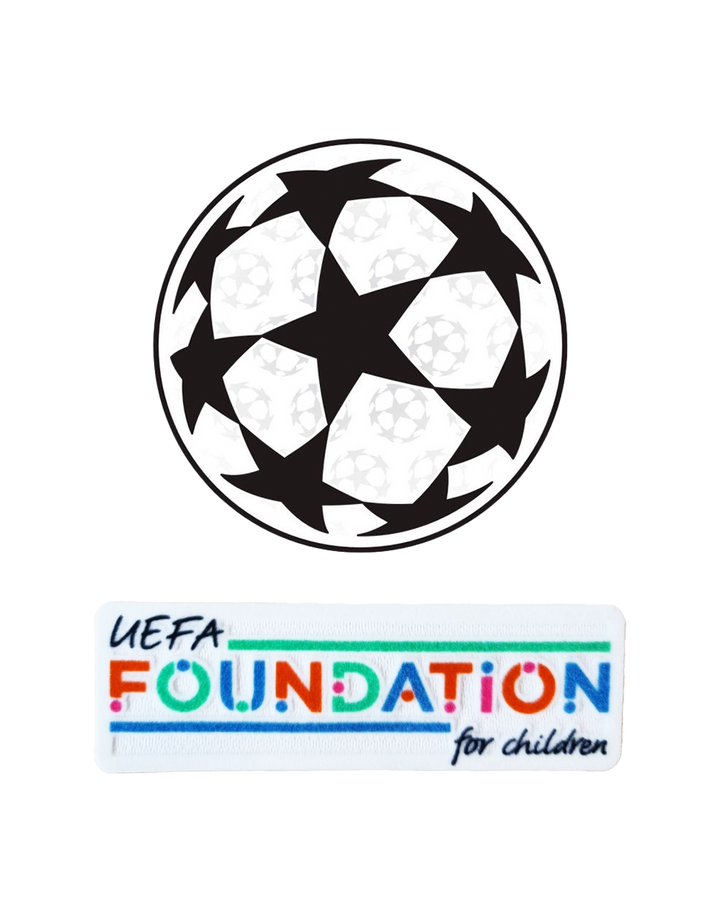 Round black and white Champions League ball above a colorful UEFA Foundation for Children patch.