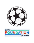 Round black and white Champions League ball above a colorful UEFA Foundation for Children patch.