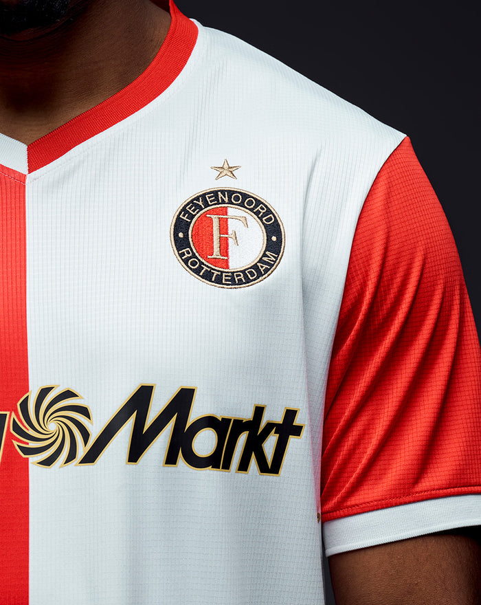 Feyenoord Pro thuisshirt 2025-2026 mannen met rode witte panelen en clublogo op borst