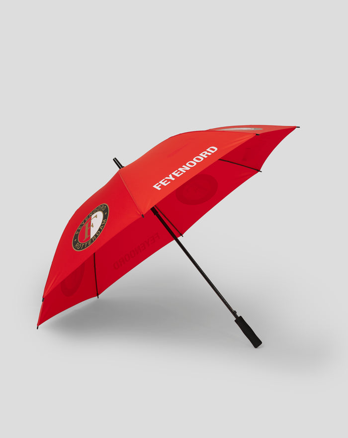 Red Feyenoord golf umbrella with white logo and crest on the canopy and a black shaft