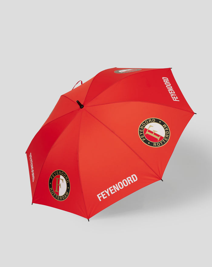 Red Feyenoord golf umbrella angled with FEYENOORD lettering along the edge and crest visible
