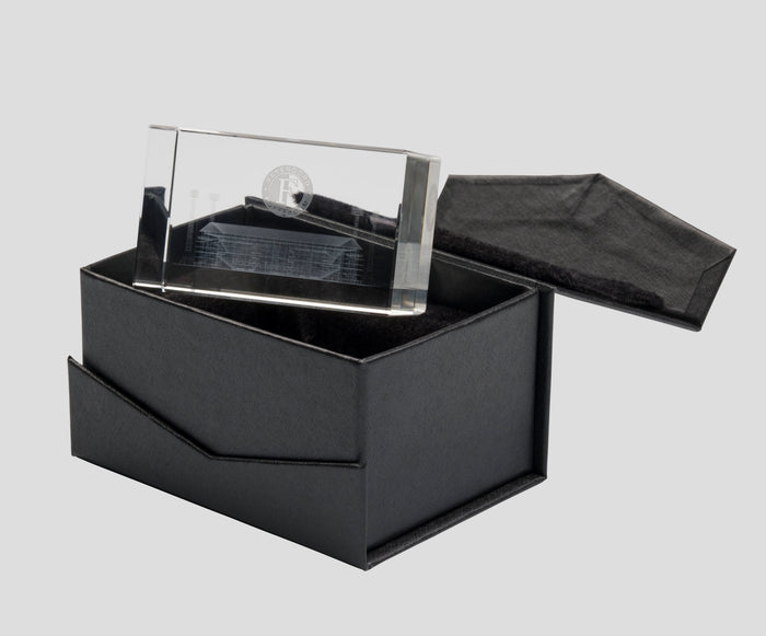 Glass display block 8x8x5 cm featuring the Feyenoord logo in a black presentation box