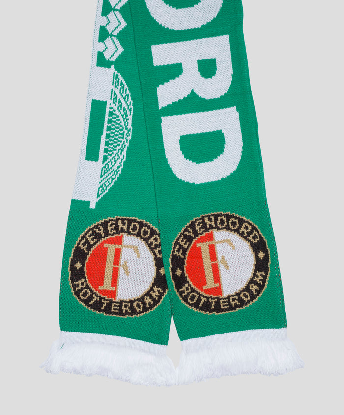 Side view of a green Feyenoord scarf with large white letters and the club crest visible.