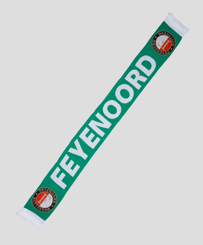 Feyenoord scarf in green with large white FEYENOORD lettering and a circular crest near the end