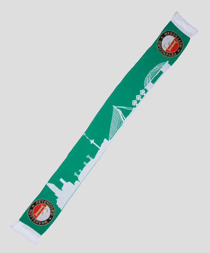Feyenoord scarf in green featuring Rotterdam skyline motif and the club crest