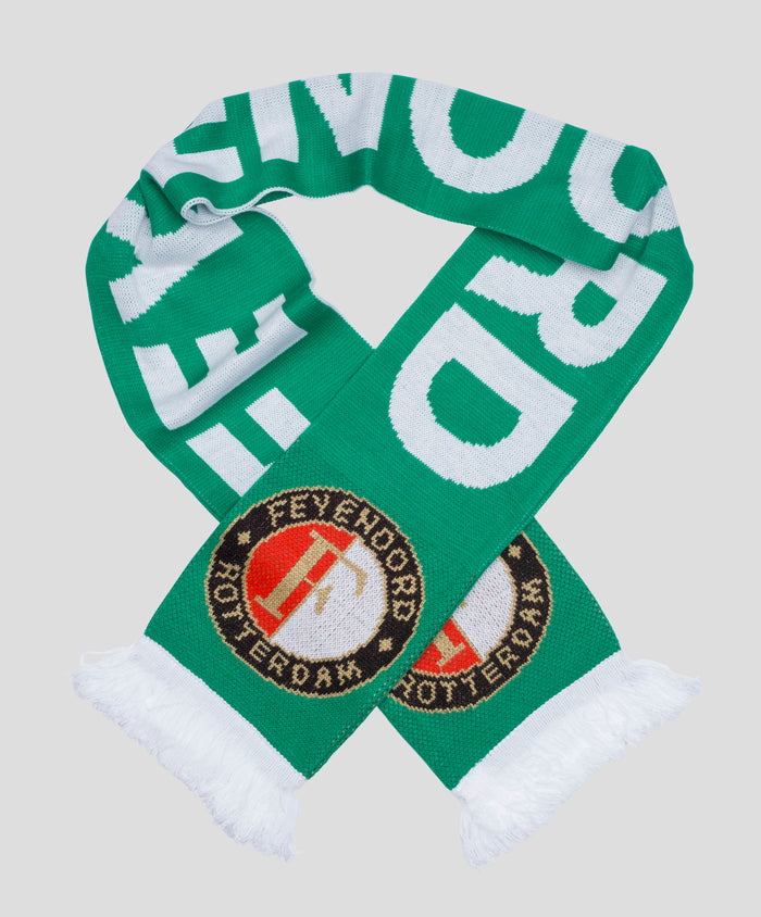 Close up of a green and white Feyenoord scarf featuring bold white lettering and the circular Rotterdam crest.