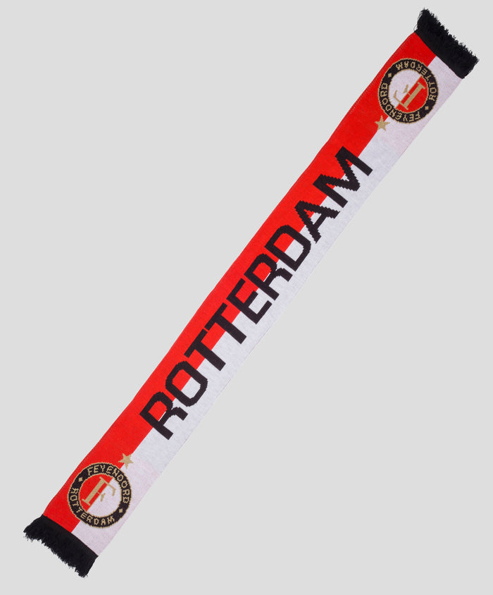 Feyenoord red and white scarf with circular crest and gold stars, displayed diagonally with black fringe