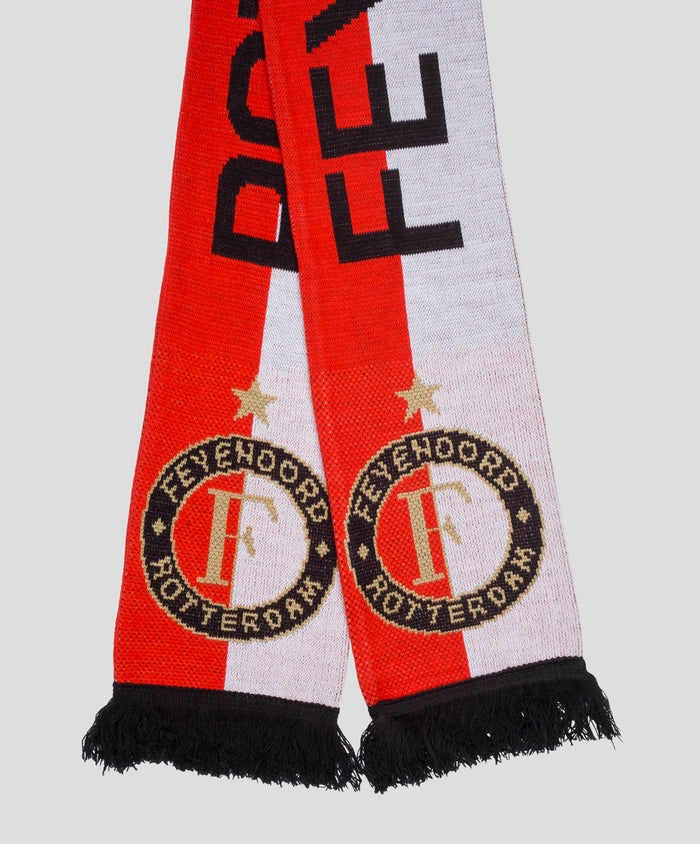 Red and white Feyenoord scarf with bold black lettering and circular crest at the ends, fringed edges