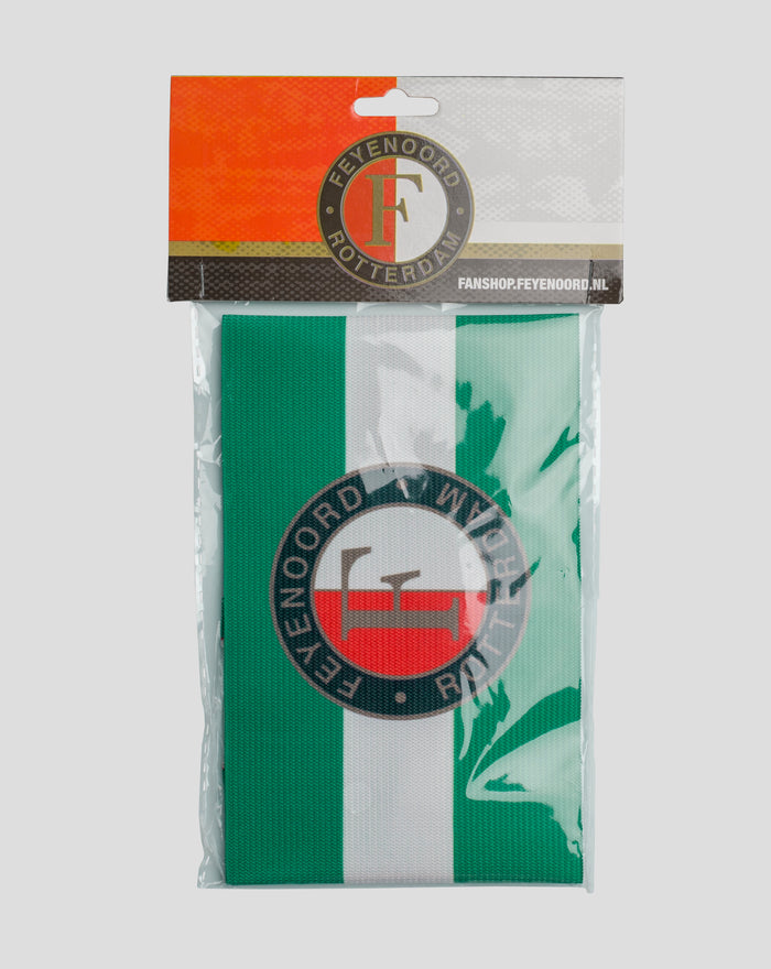 Verpakking van Feyenoord aanvoerdersband senior met groen wit band zichtbaar