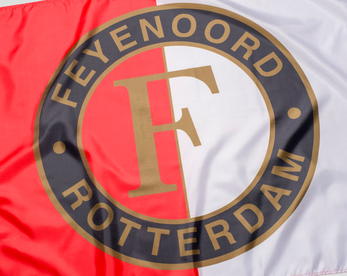 Close up of Feyenoord flag crest on red and white background