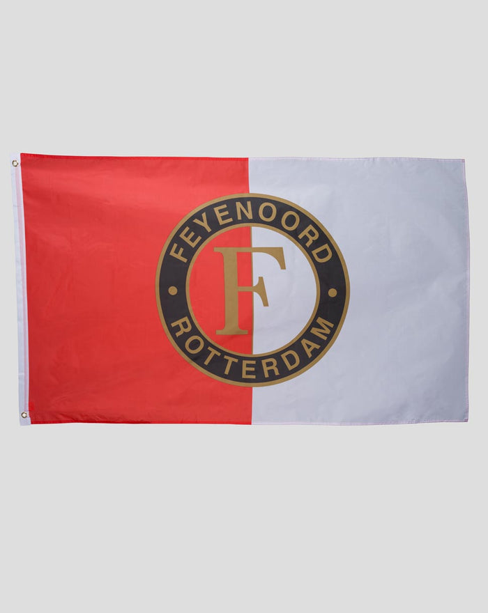 Flag with red left panel and pale gray right panel displaying the Feyenoord emblem in the center and a small patch in the lower right corner.