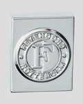Shiny silver cufflink with the Feyenoord circular logo on a square backing