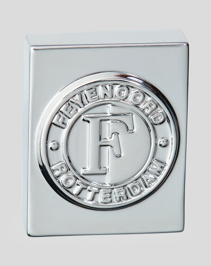 Shiny silver cufflink with the Feyenoord circular logo on a square backing