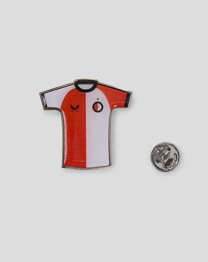 Feyenoord pin shaped like the 2024-2025 Thuisshirt with pin back shown beside it