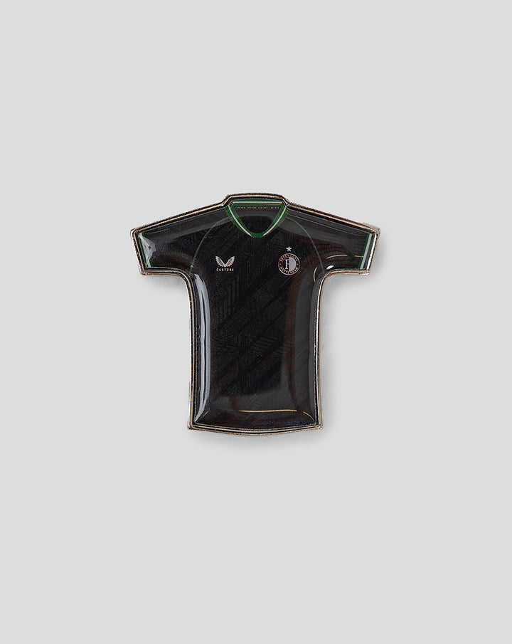 Feyenoord pin shaped like a black away shirt with green trim and crest