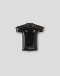 Feyenoord pin shaped like a black away shirt with green trim and crest