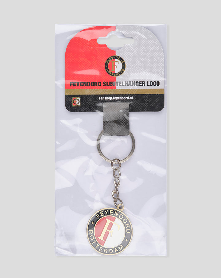 Feyenoord round logo keychain with gold trim hanging from a chain inside clear packaging