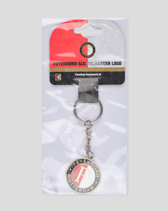 Feyenoord round logo keychain with gold trim hanging from a chain inside clear packaging