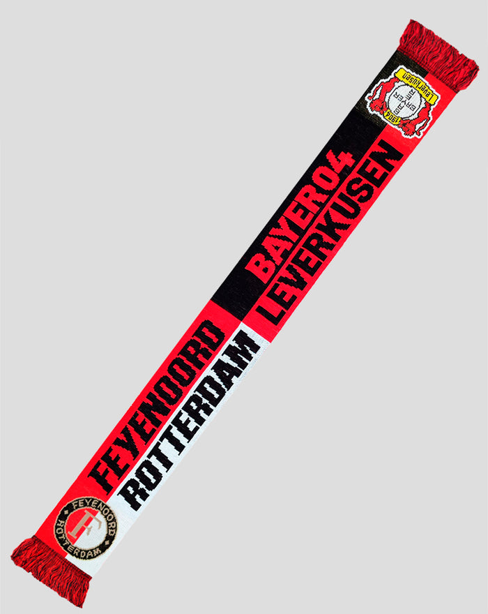 Feyenoord Bayer Leverkusen scarf with red and black panels and club badges at the ends