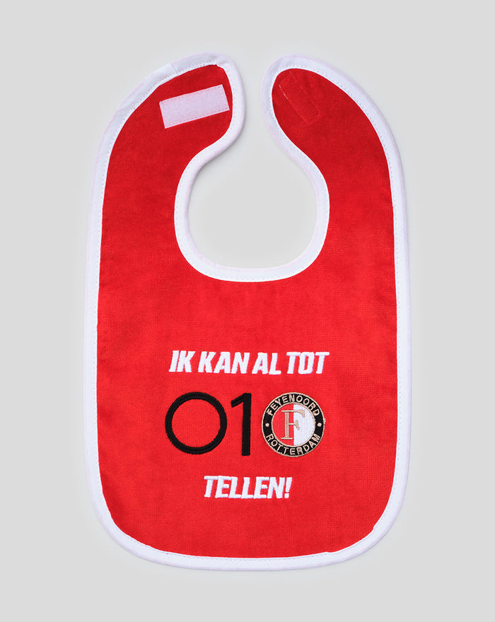 Red baby bib with white trim featuring the text Ik kan al tot 01 tellen and the Feyenoord logo