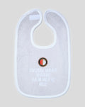 White baby bib with Feyenoord crest and embroidered slogan across the front.
