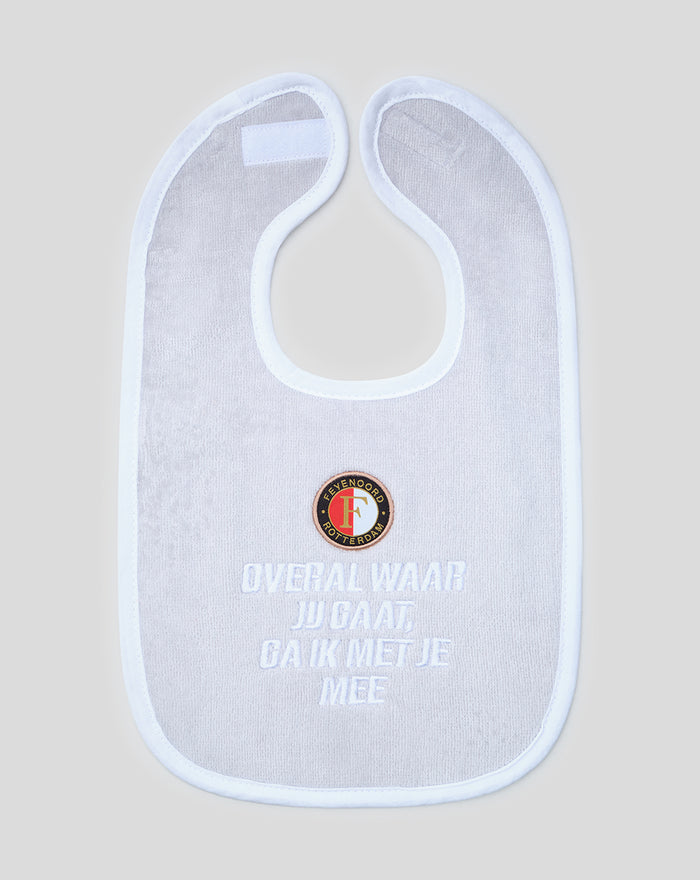 White baby bib with Feyenoord crest and embroidered slogan across the front.