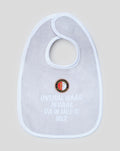 Light gray baby bib with white trim and club crest shown from the neck opening.