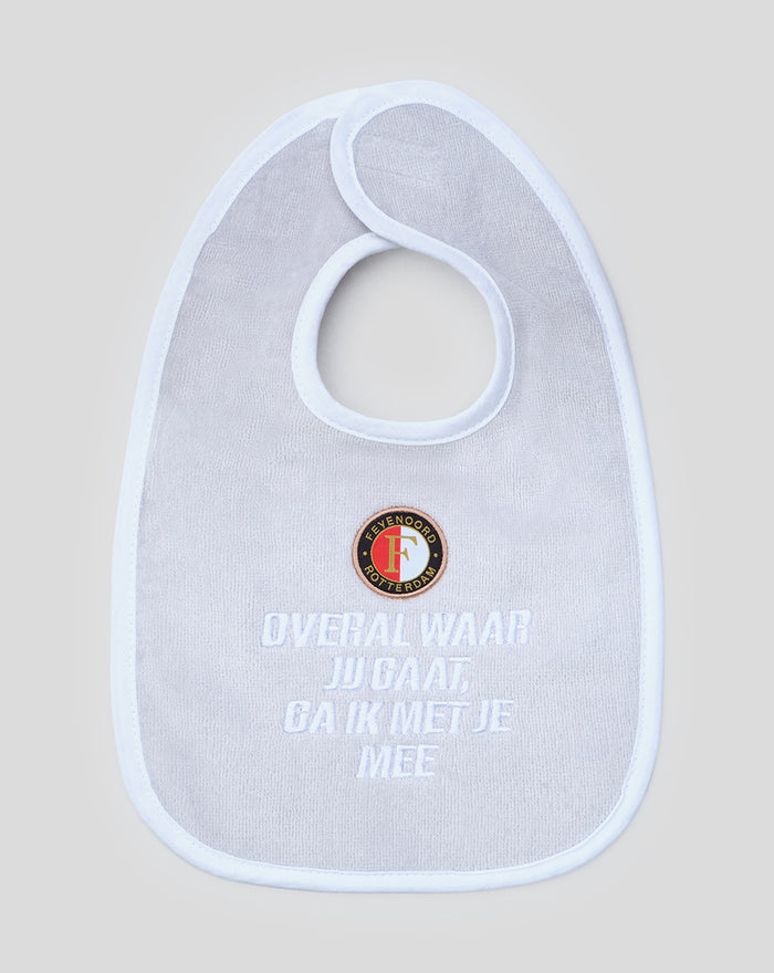Light gray baby bib with white trim and club crest shown from the neck opening.